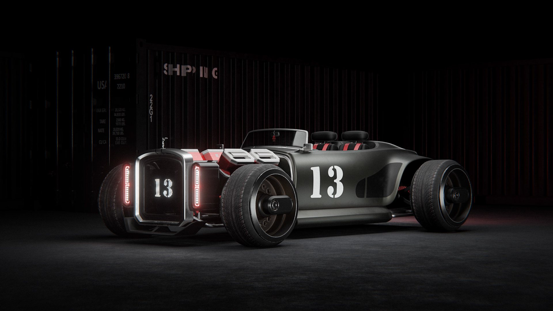 Electric hot rod, front three-quarter view