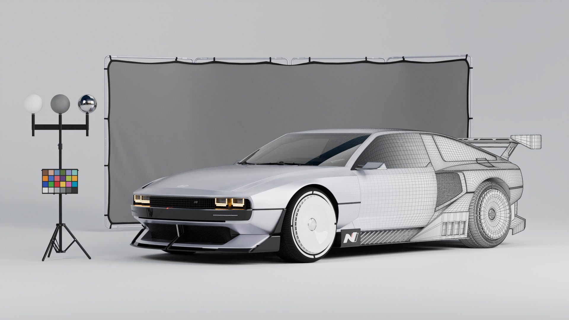 Front three-quarter view, half wireframe
