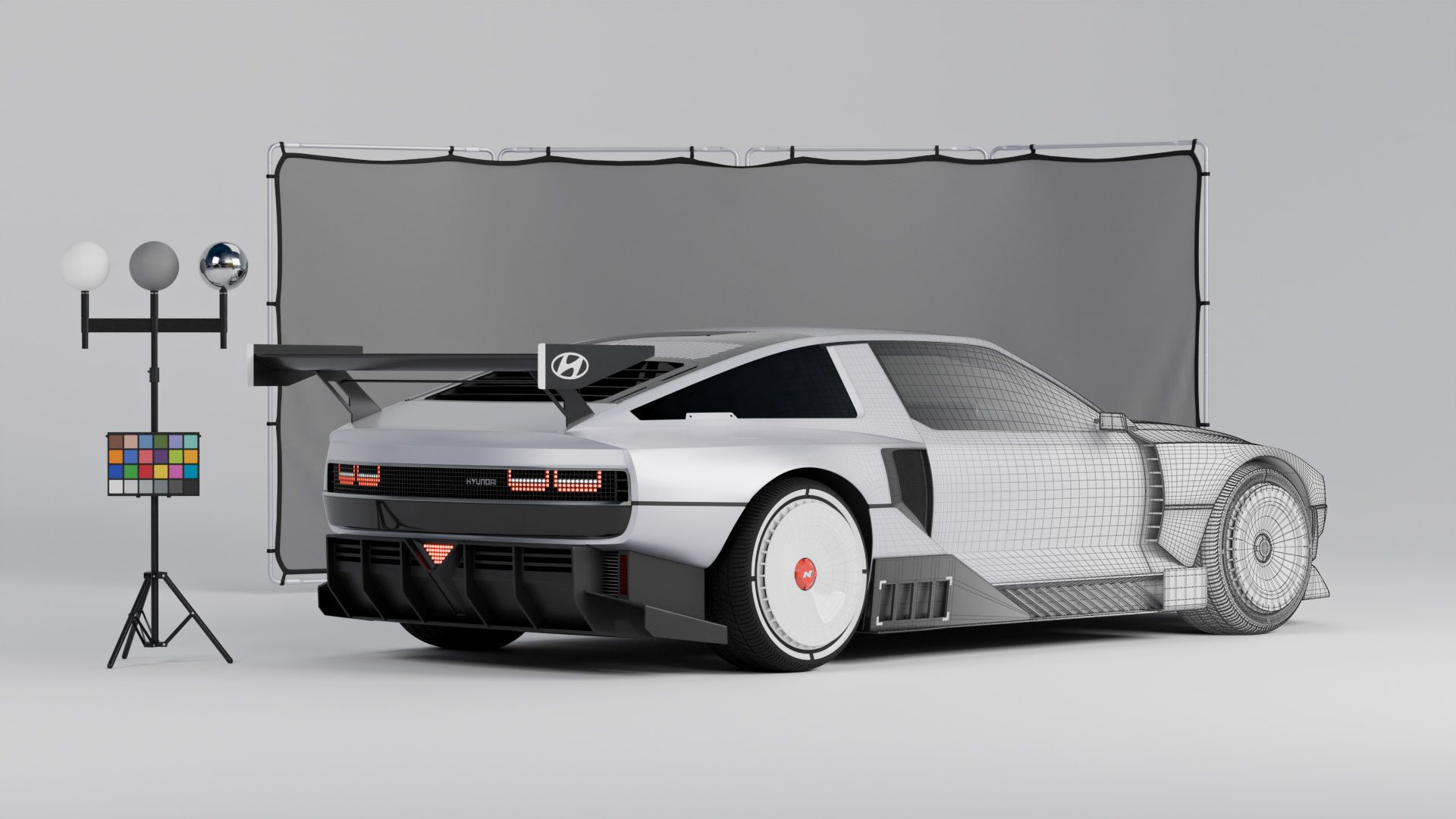 Rear three-quarter view, half wireframe