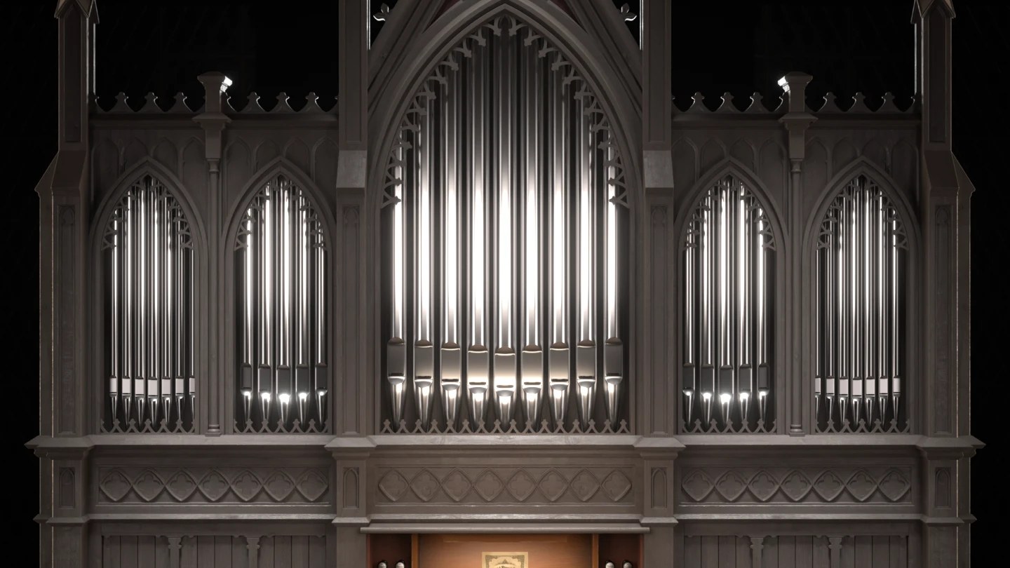 3D rendering of the historic church organ, pipe gallery