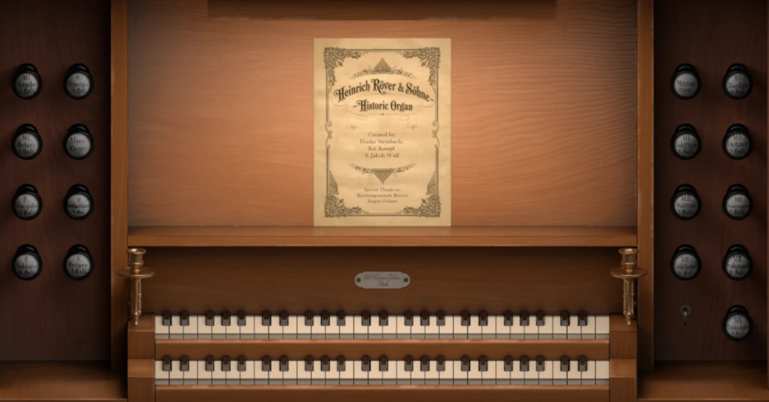 Plugin interface of the historic organ: console with stop knobs and two manuals