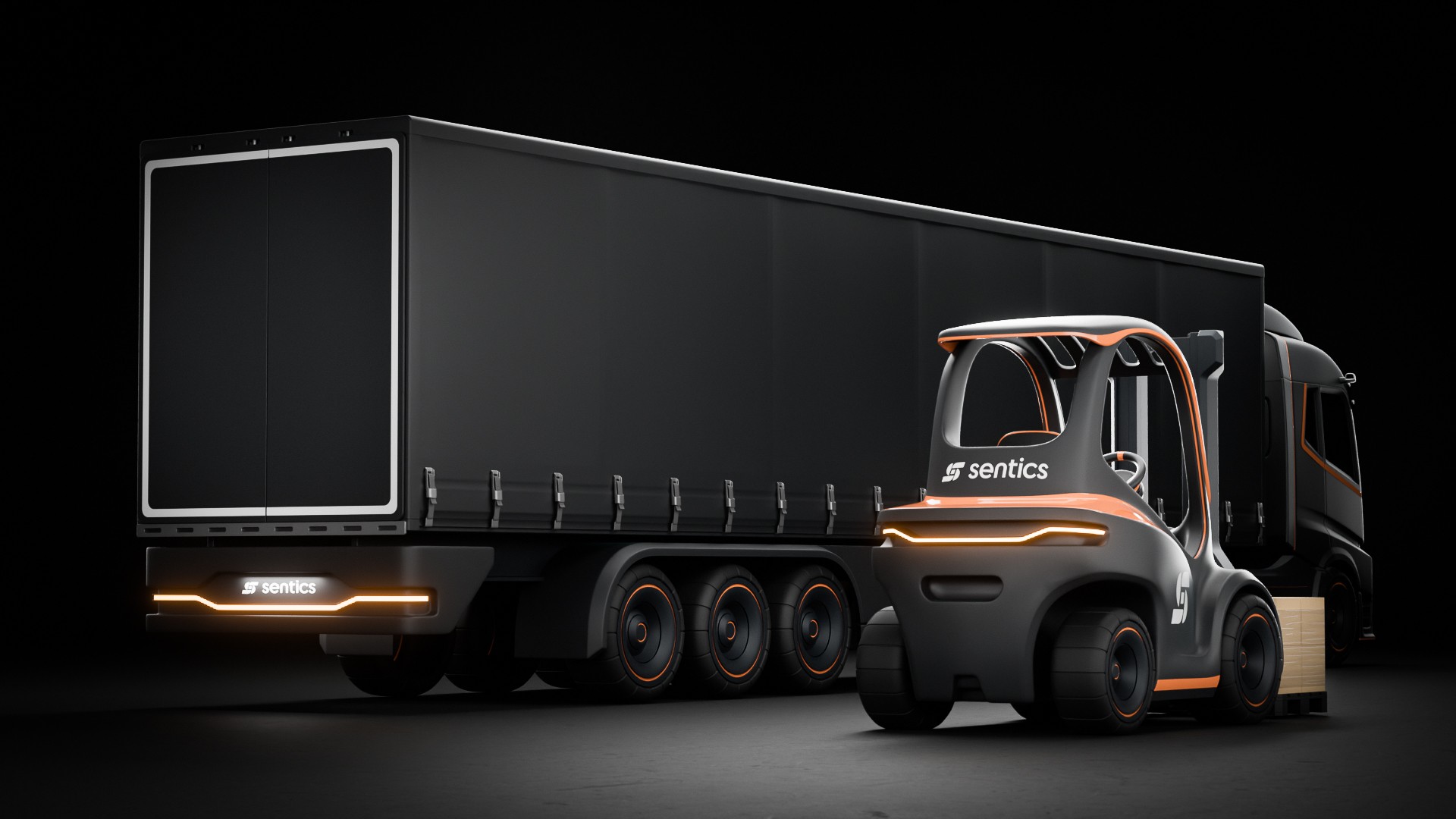 Sentics trailer and forklift from behind